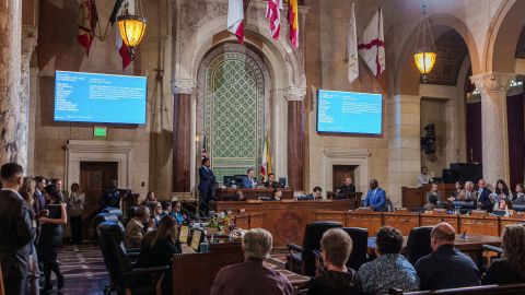 The Los Angeles City Council discusses the vote to enact an ordinance to prohibit city resources from being used for immigration enforcement in anticipation of potential mass deportations under President-elect Donald Trump, in Los Angeles, Tuesday, Nov. 19, 2024. (AP Photo/Damian Dovarganes)