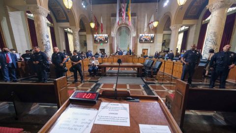 Los Angeles City Council members wait to start the Los Angeles City Council meeting Wednesday, Oct. 12, 2022 in Los Angeles. (AP Photo/Ringo H.W. Chiu)