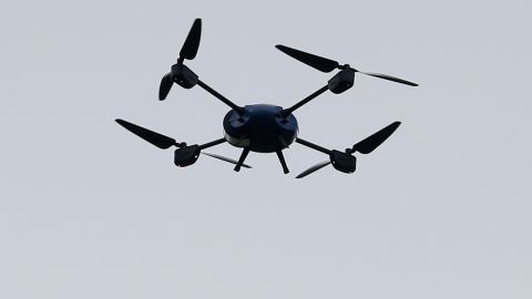 A police drone is flown during an England soccer team training session in Chantilly, France, Sunday, June 19, 2016. England will face Slovakia in a Euro 2016 Group B soccer match in Saint-Etienne on Monday, June 20. (AP Photo/Kirsty Wigglesworth)