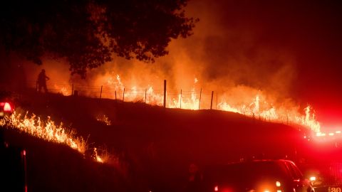 Flames from a backfire burn as CalFire crews battle a wildfire near Mariposa, Calif., Tuesday, July 18, 2017. Record rain and snowfall in the mountains this winter was celebrated for bringing California's five-year drought to its knees, but it has turned into a challenge for firefighters battling flames feeding on dense vegetation, officials said. (AP Photo/Noah Berger)