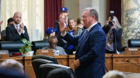 Former county Sheriff James McDonnell smiles as members of the Los Angeles City Council confirm him as Los Angeles Police Department Chief of Police at a meeting of the Council's public safety committee on Friday, Nov. 8, 2024, in Los Angeles. (AP Photo/Damian Dovarganes)