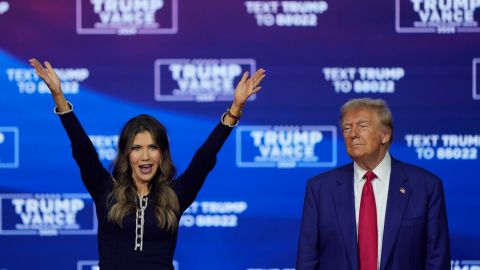 FILE - Republican presidential nominee former President Donald Trump and South Dakota Gov. Kristi Noem dance to the song "Y.M.C.A." at a campaign town hall at the Greater Philadelphia Expo Center & Fairgrounds, Oct. 14, 2024, in Oaks, Pa. (AP Photo/Matt Rourke, File)