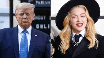 Izquierda: El presidente Donald Trump sostiene una Biblia mientras visita el exterior de la iglesia St. John's, el 1 de junio de 2020, en Washington. Derecha: Madonna lleva una parrilla dental al llegar a la 56ª entrega anual de los Premios Grammy en el Staples Center el domingo 26 de enero de 2014, en Los Ángeles.