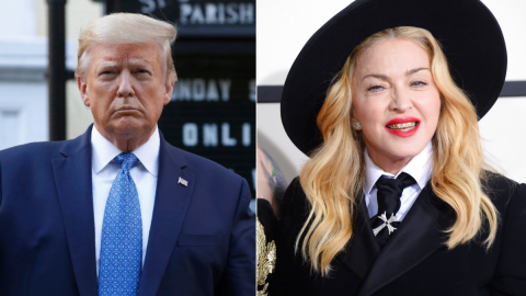 Izquierda: El presidente Donald Trump sostiene una Biblia mientras visita el exterior de la iglesia St. John's, el 1 de junio de 2020, en Washington. Derecha: Madonna lleva una parrilla dental al llegar a la 56ª entrega anual de los Premios Grammy en el Staples Center el domingo 26 de enero de 2014, en Los Ángeles.