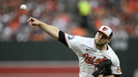 Baltimore Orioles starting pitcher Corbin Burnes throws in the third inning during Game 1 of an AL Wild Card Series baseball game against the Kansas City Royals, Tuesday, Oct. 1, 2024, in Baltimore. (AP Photo/Nick Wass)