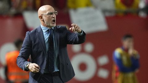 Spain's coach Luis de la Fuente reacts from the touchline during the UEFA Nations League group 4 soccer match between Spain and Denmark in Murcia, Spain, Saturday, Oct. 12, 2024. (AP Photo/Jose Breton)