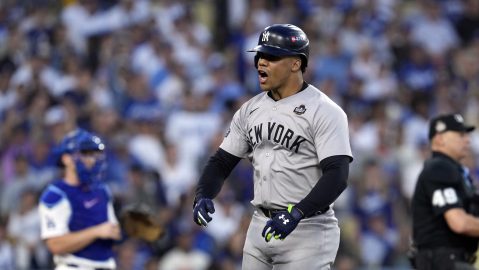 New York Yankees' Juan Soto celebrates after hitting a home run against the Los Angeles Dodgers during the third inning in Game 2 of the baseball World Series, Saturday, Oct. 26, 2024, in Los Angeles. (AP Photo/Godofredo A. Vásquez)