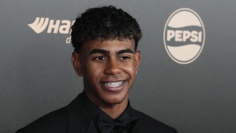 Spanish forward Lamine Yamal arrives for the 68th Ballon d'Or (Golden Ball) award ceremony at Theatre du Chatelet in Paris, Monday, Oct. 28, 2024. (AP Photo/Michel Euler)