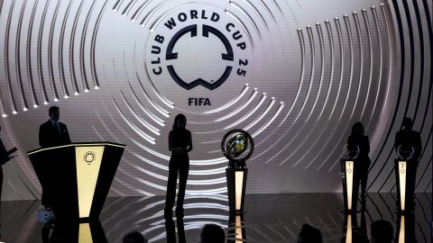 The stage is seen during the draw for the 2025 FIFA Club World Cup soccer tournament, Thursday, Dec. 5, 2024, in Miami. (AP Photo/Rebecca Blackwell)