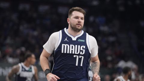 Dallas Mavericks guard Luka Doncic (77) runs during the first half of an NBA basketball game against the Portland Trail Blazers Monday, Dec. 23, 2024, in Dallas. (AP Photo/LM Otero)