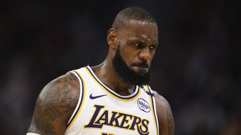 Los Angeles Lakers forward LeBron James (23) looks on against the Golden State Warriors during the first half of an NBA basketball game Wednesday, Dec. 25, 2024, in San Francisco. (AP Photo/Eakin Howard)