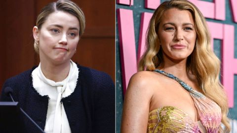 Izquierda: La actriz Amber Heard testifica en el tribunal del Circuito del Condado de Fairfax, en Fairfax, Virginia, el jueves 5 de mayo de 2022. El actor Johnny Depp demandó a su exesposa, la actriz Amber Heard, por difamación en el tribunal del Circuito del Condado de Fairfax después de que ella escribiera un artículo de opinión en The Washington Post en 2018 refiriéndose a sí misma como una "figura pública que representa el abuso doméstico". (Foto de Jim Lo Scalzo/Pool vía AP) Derecha: Blake Lively asiste al estreno mundial de It Ends with Us en el AMC Lincoln Square el martes 6 de agosto de 2024, en Nueva York. (Foto de Evan Agostini/Invision/AP)