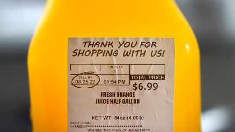 A "SELL BY" date is circled on a half gallon of fresh squeezed orange juice, Sunday, Aug. 21, 2022, in Chicago. As awareness grows around the world about the problem of food waste, one culprit in particular is drawing scrutiny: “best before” labels. Manufacturers have used the labels for decades to estimate peak freshness. Unlike “use by” labels, which are found on perishable foods like meat and dairy, “best before” labels have nothing to do with safety and may encourage consumers to throw away food that’s perfectly fine to eat. (AP Photo/Charles Rex Arbogast)