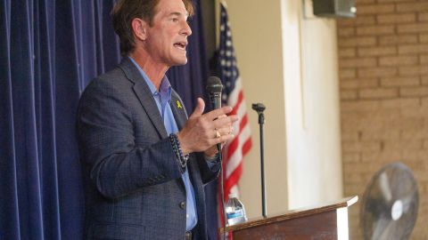 Nathan Hochman, an independent Los Angeles County District Attorney candidate, talks during a campaign event in the Los Feliz neighborhood of Los Angeles on Saturday, Oct. 26, 2024. (AP Photo/Damian Dovarganes)