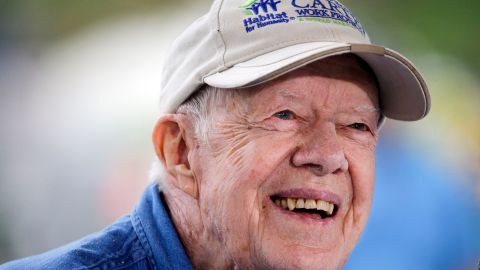 FILE - In a Monday, Nov. 2, 2015 file photo, former President Jimmy Carter answers questions during a news conference at a Habitat for Humanity building site, in Memphis, Tenn. Jimmy Carter's grandson Jason Carter said Wednesday, Dec. 2, 2015, the 91-year-old former president is doing well while undergoing cancer treatment and showing no sign of slowing down, despite his pledge to do just that. (AP Photo/Mark Humphrey, File)