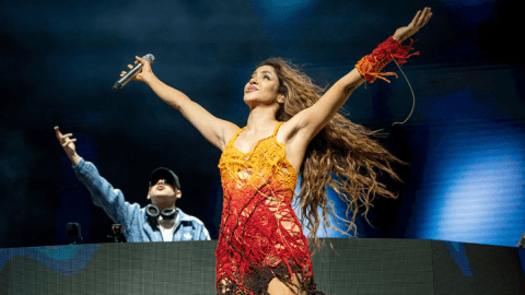 Shakira performs with Bizarrap during the first weekend of the Coachella Valley Music and Arts Festival at Empire Polo Club in Indio, Calif., April 12, 2024. Colombia coach Néstor Lorenzo was critical of the extended halftime planned for the Sunday, July 14, Copa America final to allow a concert by Shakira. (Photo by Amy Harris/Invision/AP, File)