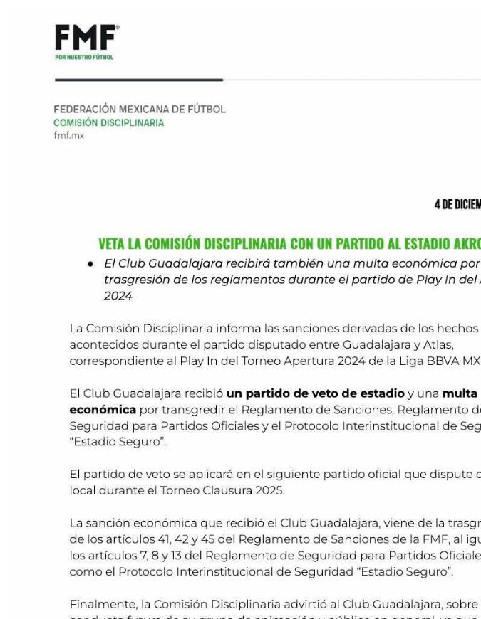 Comunicado de la Federación Mexicana de Fútbol, sanción a Chivas