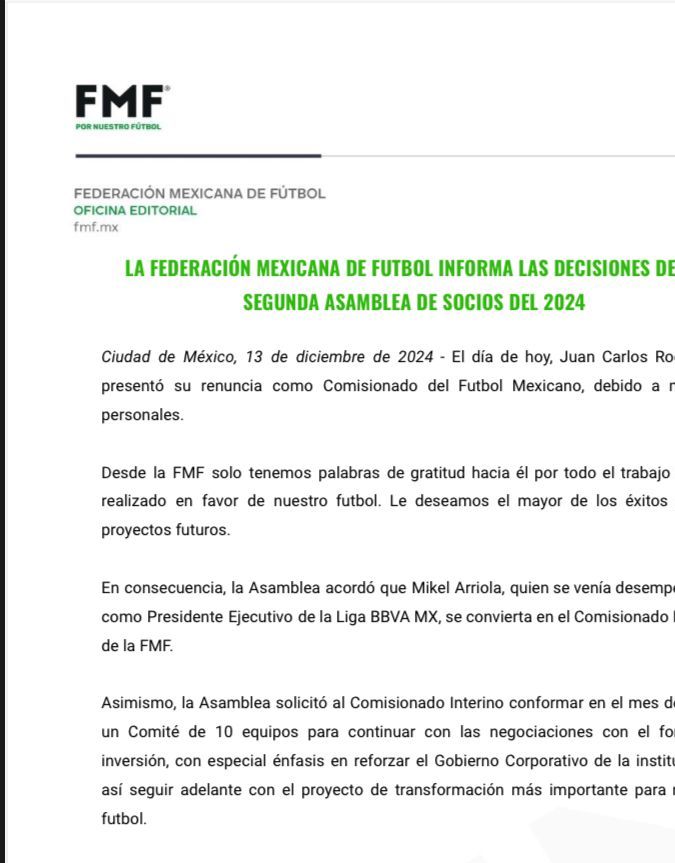 La Federación Mexicana de Fútbol dio a conocer los detalles de la renuncia de Juan Carlos Rodríguez al cargo de Alto Comisionado.