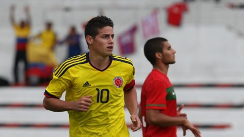 Colombia's James Rodriguez Rubio, center, reacts after scoring a penalty against Portugal, during their match in the Under-21 Toulon soccer Tournament, in Toulon, southern France,Wednesday, June 1, 2011. (AP Photo/Claude Paris)