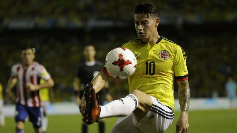 Colombia's James Rodriguez controls the ball during a 2018 Russia World Cup qualifying soccer match against Paraguay, at the Roberto Melendez stadium in Barranquilla, Colombia, Thursday, Oct. 5, 2017. (AP Photo/Fernando Vergara)