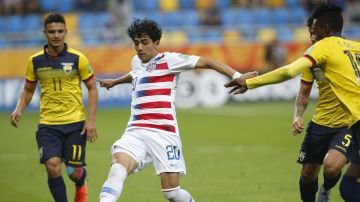 United States' Richard Ledezma controls the ball during the quarter final match between USA and Ecuador at the U20 World Cup soccer in Gdynia, Poland, Saturday, June 8, 2019. (AP Photo/Darko Vojinovic)