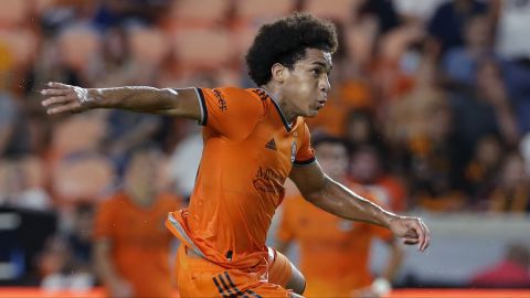 Houston Dynamo midfielder Adalberto Carrasquilla (20) during the second half of an MLS soccer match against the Colorado Rapids Saturday, Aug. 14, 2021, in Houston. (AP Photo/Michael Wyke)