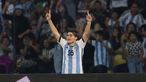 Argentina's Luka Romero celebrates scoring his side's 2nd goal against Guatemala during a FIFA U-20 World Cup Group A soccer match at the Madre De Ciudades stadium in Santiago del Estero, Argentina, Tuesday, May 23, 2023. (AP Photo/Nicolas Aguilera)