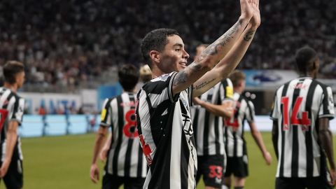 Newcastle's Miguel Almirón, front, celebrates after scoring during a Premier League Summer Series soccer match against Chelsea, Wednesday, July 26, 2023, in Atlanta. (AP Photo/Brynn Anderson)