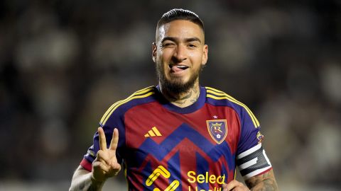 Real Salt Lake forward Cristian Arango celebrates his goal against the LA Galaxy during the first half of an MLS soccer match Saturday, May 11, 2024, in Carson, Calif. (AP Photo/Ryan Sun)