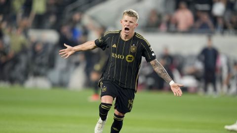 Los Angeles FC midfielder Mateusz Bogusz celebrates his goal against Minnesota United during the second half of an MLS soccer match Wednesday, May 29, 2024, in Los Angeles. (AP Photo/Ryan Sun)