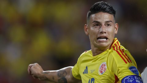 Colombia's James Rodriguez jumps for a header during a Copa America semifinal soccer match against Uruguay in Charlotte, N.C., Wednesday, July 10, 2024. (AP Photo/Nell Redmond)