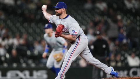 Texas Rangers relief pitcher Kirby Yates throws against the Seattle Mariners during the ninth inning of a baseball game Thursday, Sept. 12, 2024, in Seattle. (AP Photo/Lindsey Wasson)