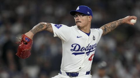 Los Angeles Dodgers pitcher Anthony Banda throws against the New York Yankees during the sixth inning in Game 1 of the baseball World Series, Friday, Oct. 25, 2024, in Los Angeles. (AP Photo/Ashley Landis)