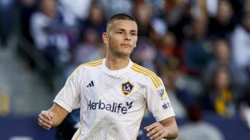 Los Angeles Galaxy's Dejan Joveljic reacts during the first half of an MLS Semifinal Conference playoff soccer match against Minnesota United, Sunday, Nov. 24, 2024, in Los Angeles. (AP Photo/Etienne Laurent)