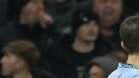 Feyenoord's Santiago Gimenez celebrates after scoring his side's second goal during the Champions League opening phase soccer match between Manchester City and Feyenoord at the Etihad Stadium in Manchester, England, Tuesday, Nov. 26, 2024. (AP Photo/Dave Thompson)