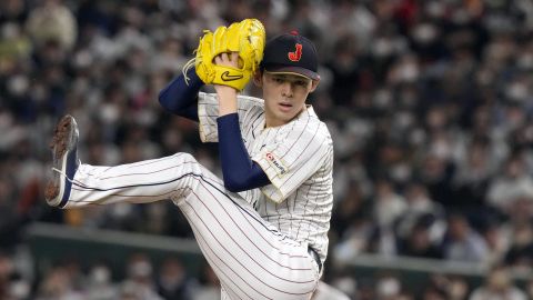 FILE - Roki Sasaki, of Japan, pitches during their Pool B game against the Czech Republic at the World Baseball Classic at the Tokyo Dome in Japan Saturday, March 11, 2023. (AP Photo/Eugene Hoshiko, File)