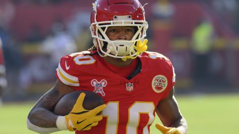 Kansas City Chiefs running back Isiah Pacheco makes a catch during warmups before an NFL football game against the Houston Texans, Saturday, Dec. 21, 2024 in Kansas City, Mo. The Chiefs defeated the Texans, 27-19. (AP Photo/Reed Hoffmann)