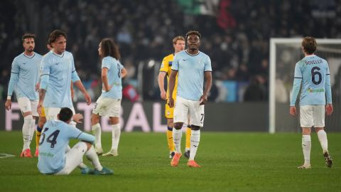 Lazio players react at the end of a Serie A soccer match between Lazio and Atalanta, at the Stadio Olimpico in Rome, Italy, Saturday, Dec. 28, 2024. (AP Photo/Alessandra Tarantino)