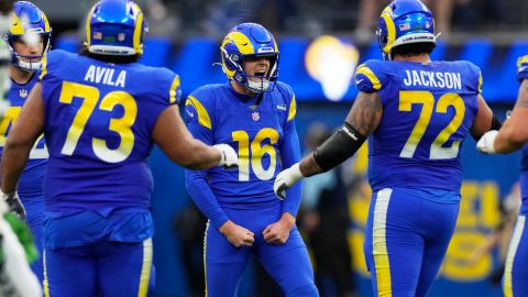 Los Angeles Rams place kicker Joshua Karty (16) reacts after making a field goal during the first half of an NFL football game against the Seattle Seahawks, Sunday, Jan. 5, 2025, in Inglewood, Calif. (AP Photo/Mark J. Terrill)