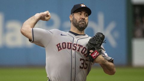 FILE - Houston Astros starting pitcher Justin Verlander delivers against the Cleveland Guardians during the first inning of a baseball game in Cleveland, Sept. 28, 2024. (AP Photo/Phil Long, File)