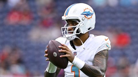 Miami Dolphins quarterback Tua Tagovailoa (1) warms up prior to an NFL football game against the Houston Texans, Sunday, Dec 15, 2024 in Houston. (AP Photo/Maria Lysaker)