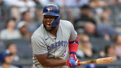 FILE - Toronto Blue Jays' Vladimir Guerrero Jr. reacts as he flies out during the eighth inning of a baseball game against the New York Yankees at Yankee Stadium, Sunday, Aug. 4, 2024, in New York. (AP Photo/Seth Wenig, File)