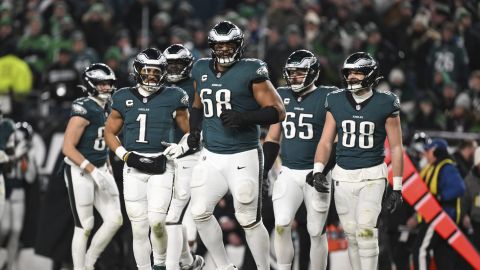 Philadelphia Eagles offense walks onto the field during the second half of an NFL wild card playoff football game against the Green Bay Packers, Sunday, Jan. 12, 2025, in Philadelphia. (AP Photo/Terrance Williams)