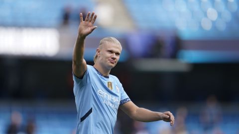 FILE -Manchester City's Erling Haaland waves fans after the English Premier League soccer match between Manchester City and Ipswich Town at the Etihad Stadium in Manchester, England, Aug. 24, 2024. (AP Photo/Dave Thompson, File)