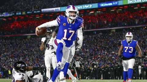 FILE - Buffalo Bills quarterback Josh Allen (17) runs into the endzone for a touchdown during to the first half of an NFL football divisional playoff game against the Baltimore Ravens in Orchard Park, N.Y., Sunday Jan. 19, 2025. (AP Photo/ Jeffrey T. Barnes, File)