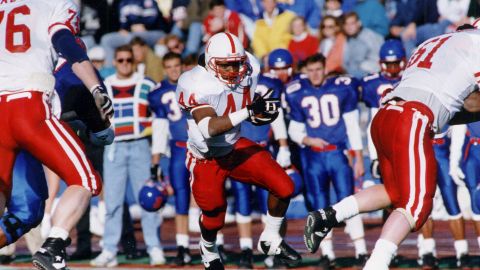 Nebraska's Calvin Jones carries the ball during an NCAA college football game against Kansas in Lawrence, Kan., on Nov. 9, 1991. (Lincoln Journal Star via AP, File)