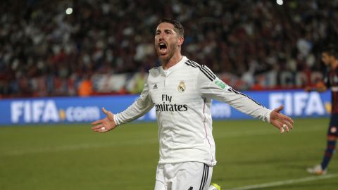 Real Madrids Sergio Ramos celebrates scoring the opening goal during the final soccer match between Real Madrid and San Lorenzo at the Club World Cup soccer tournament in Marrakech, Morocco, Saturday, Dec. 20, 2014. (AP Photo/Christophe Ena)