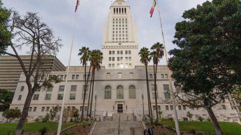 The Los Angeles City Hall building is seen in downtown Los Angeles Wednesday, Jan. 8, 2020. (AP Photo/Damian Dovarganes)