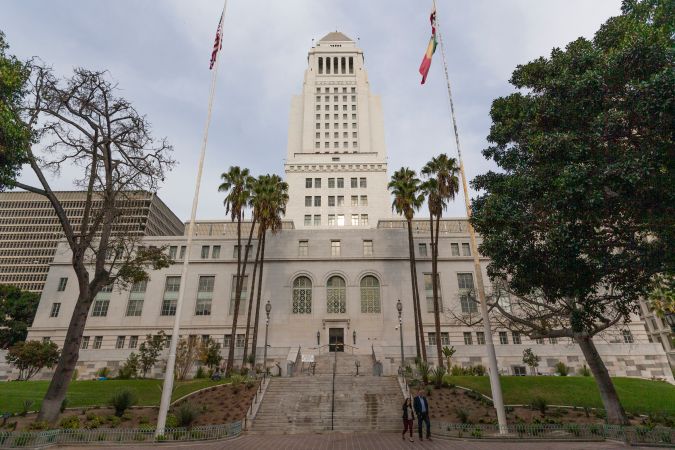 The Los Angeles City Hall building is seen in downtown Los Angeles Wednesday, Jan. 8, 2020. (AP Photo/Damian Dovarganes)