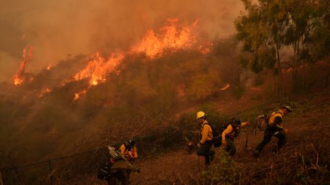 Fire Crews battle the Palisades Fire in Mandeville Canyon Saturday, Jan. 11, 2025, in Los Angeles. (AP Photo/Jae C. Hong)